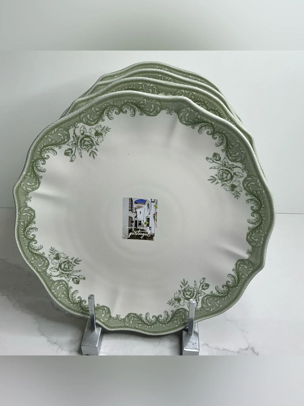 4 Matceramica Stoneware Dinner Plates Green Rose Scalloped 11” Portugal New